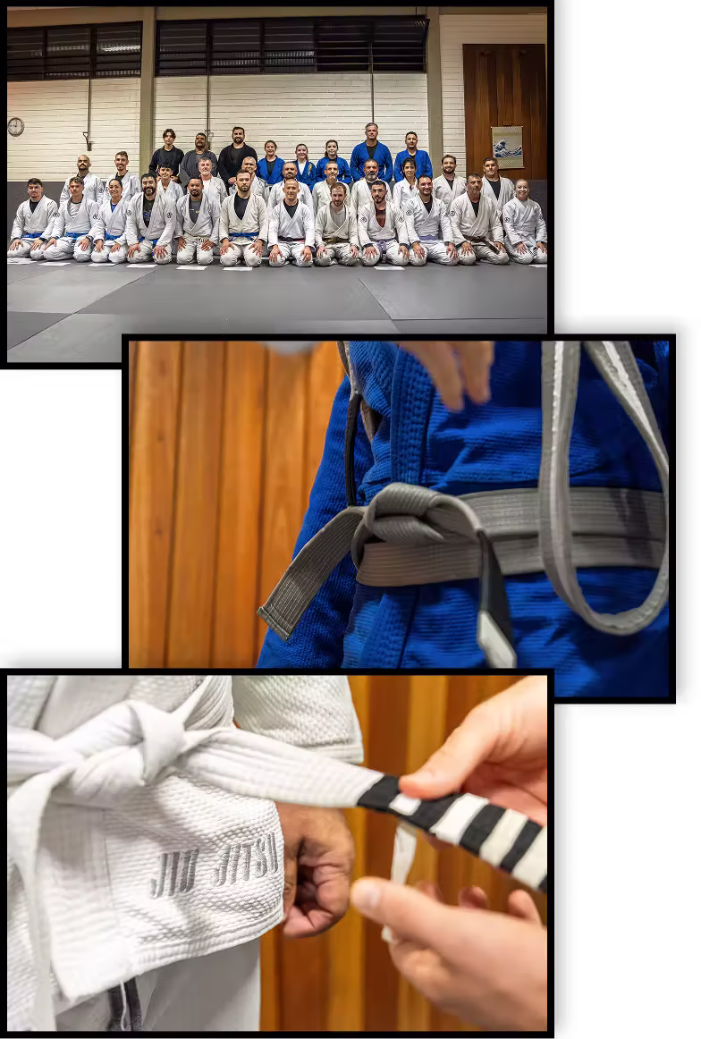 Três fotos mostrando momentos de graduações de faixa.